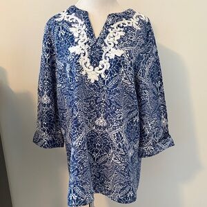 Chico's Blue and White Floral Tunic with Embroidered V-Neck